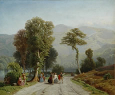 Tjarda van Starckenborgh Stachouwer J.N. Elegante reizigers in een Zwitsers berglandschap, olie op doek 31 x 39,5 cm, gesigneerd r.o.